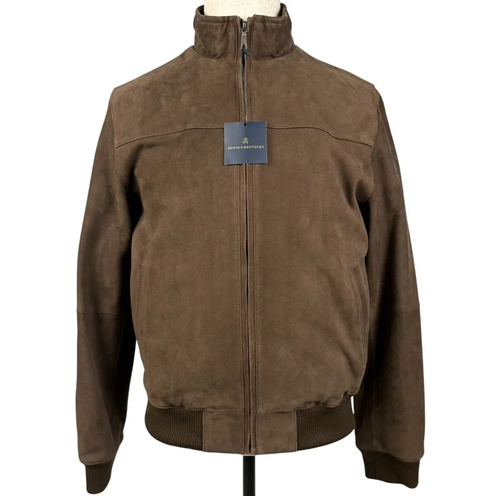 Brooks Brothers Brown Suede Leather‎ Jacket Mens S Full Zip Bomber Pockets NEW